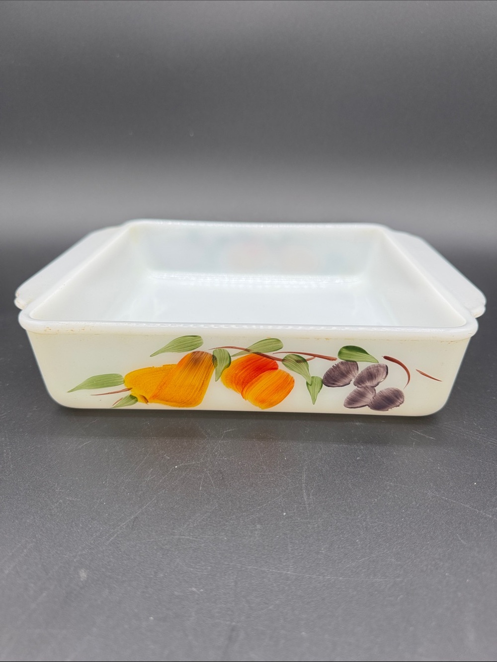 vintage Anchor Hocking Fire King Gay Fad Fruit Pattern 8-inch Square baking Dish